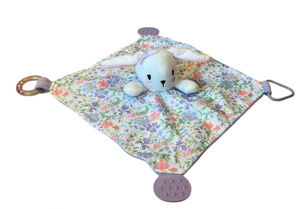 Modern Baby Bunny Rabbit Lovey Security Blanket Teether Rattle Floral 12x12